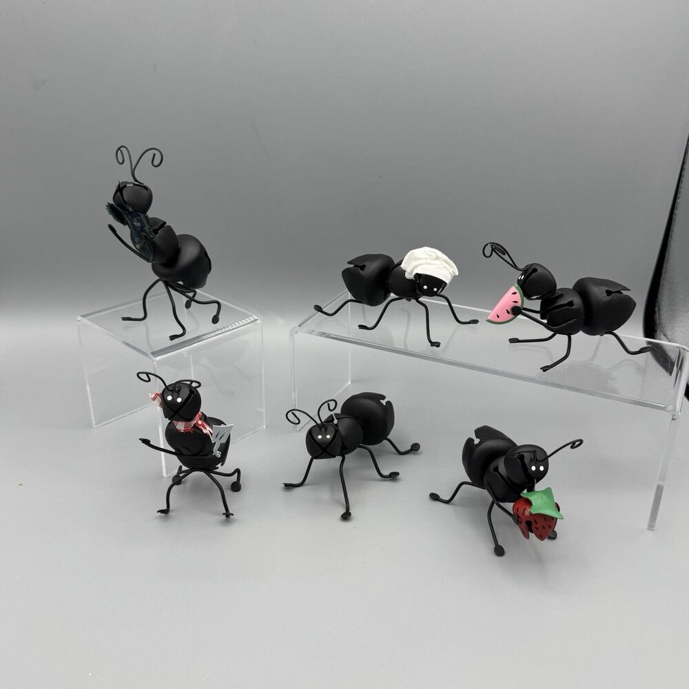Vtg Metal Picnic Ants Carrying Fruit Chef Humorous Picnic Table Decor Set of 6